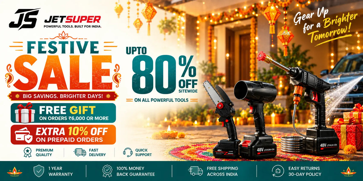 A festive promotional banner for JetSuper cordless tools, featuring three black cordless tools in front of a decorated indoor holiday scene with lanterns and lights. Large sale text reads 'Festive Sale', 'Upto 80% Off', and 'Gear Up for a Brighter Tomorrow!'.
