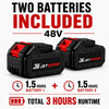 Two black JETSUPER 48V cordless batteries with red accents, shown with promotional text stating 'TWO BATTERIES INCLUDED 48V' and 'TOTAL 3 HOURS RUNTIME'.