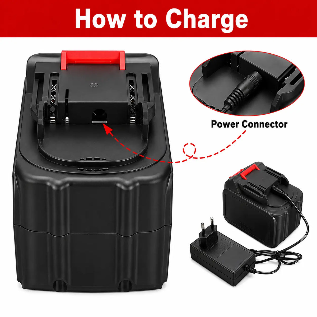 How to charge guide showing a black battery charger with a red handle, a close-up of the power connector, and a power adapter on a white background with a red header.