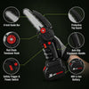 A cordless mini chainsaw shown on a dark background with callout circles highlighting features such as the 6-inch guide bar, protective top guard, red chain tensioner knob, anti-slip ergonomic handle, safety trigger and power switch, and 48V Li-ion battery.