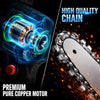 Promotional graphic for a chainsaw with a transparent blue cutaway view showing a copper motor on the left and a close-up of a silver chain on a blade on the right, with text reading 'HIGH QUALITY CHAIN', 'PREMIUM PURE COPPER MOTOR', and a red switch.
