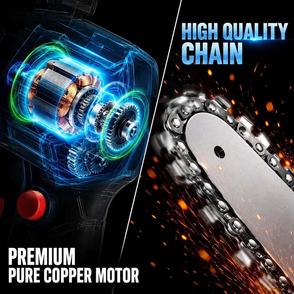 Promotional graphic for a chainsaw with a transparent blue cutaway view showing a copper motor on the left and a close-up of a silver chain on a blade on the right, with text reading 'HIGH QUALITY CHAIN', 'PREMIUM PURE COPPER MOTOR', and a red switch.