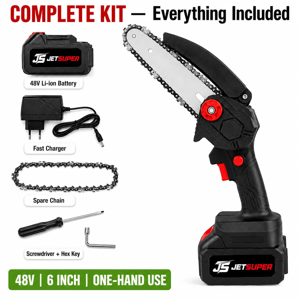 A complete kit of a 48V JetSuper cordless mini chainsaw shown with its accessories on a white background, including the chainsaw, battery, charger, spare chain, screwdriver, and hex key.