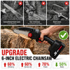 A promotional graphic for a 6-inch electric chainsaw. The main section shows a hand holding a black and red cordless chainsaw cutting a log, with a green checkmark.