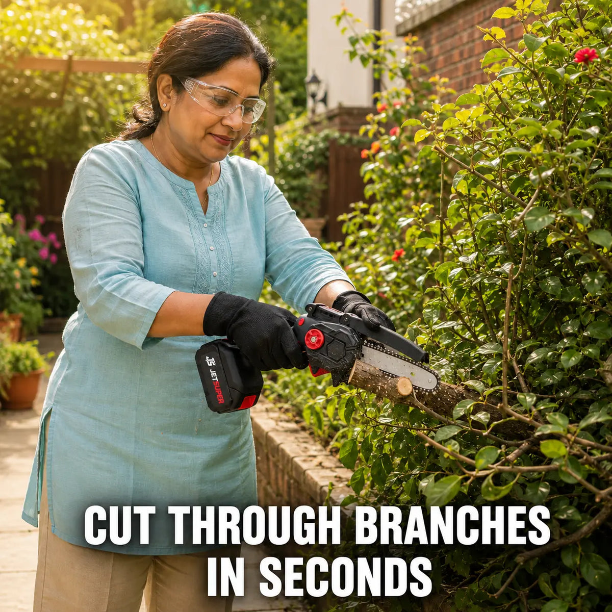 A woman wearing safety glasses and a light blue top uses a cordless chainsaw to trim green garden bushes. The text overlay at the bottom reads 'CUT THROUGH BRANCHES IN SECONDS'.