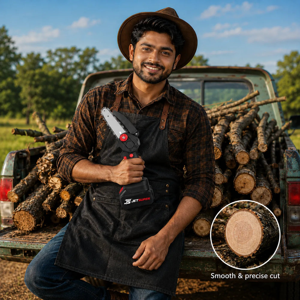 A man wearing a brown hat and a black apron sits in the bed of a pickup truck loaded with logs, holding a cordless chainsaw. The apron has a visible JETSUPER brand logo, and a circular inset at the bottom right shows a close-up of a smooth, precisely cut log end with the text 'Smooth & precise cut'.