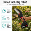 A cordless small chainsaw being used in a garden, held by a hand cutting through a tree branch. The image includes marketing text at the top and three feature icons on the left: finish pruning faster, less fatigue, and do it yourself with confidence.