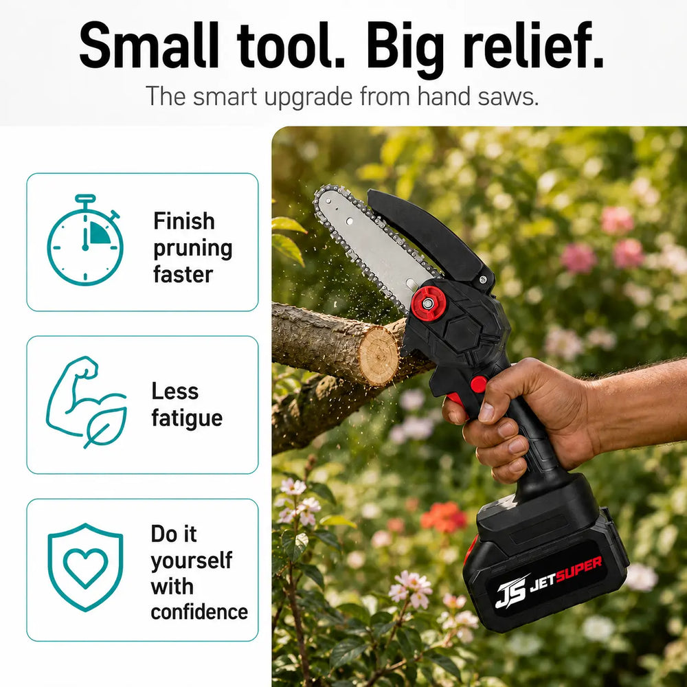 A cordless small chainsaw being used in a garden, held by a hand cutting through a tree branch. The image includes marketing text at the top and three feature icons on the left: finish pruning faster, less fatigue, and do it yourself with confidence.