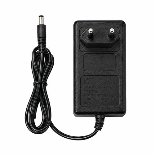 Black power adapter with a cable on a white background