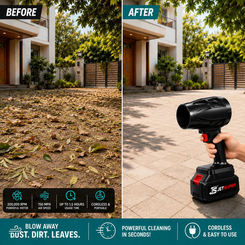 A split before-and-after comparison showing a cordless leaf blower in use on a house driveway. The left side shows dry leaves and dirt on the ground under a tree, labeled 'BEFORE'.