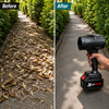 Before-and-after comparison of a leaf-covered garden pathway and the same path cleared using a handheld JETSUPER cordless leaf blower.