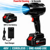 Black cordless handheld cleaning brush with a 48V lithium-ion battery, charger, and power cord on a white background, with text overlays highlighting features.