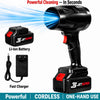 Black cordless handheld jet blower with red accents, shown with a battery, charger, and blue cleaning spray graphic on a white background. Text reads 'Powerful Cleaning – In Seconds' and 'Li-Ion Battery' and 'Fast Charger.