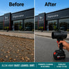 Before-and-after comparison showing a handheld cordless leaf blower in use. The left side shows dry leaves and dirt on the ground in front of a Mahindra car dealership, labeled 'Before'.