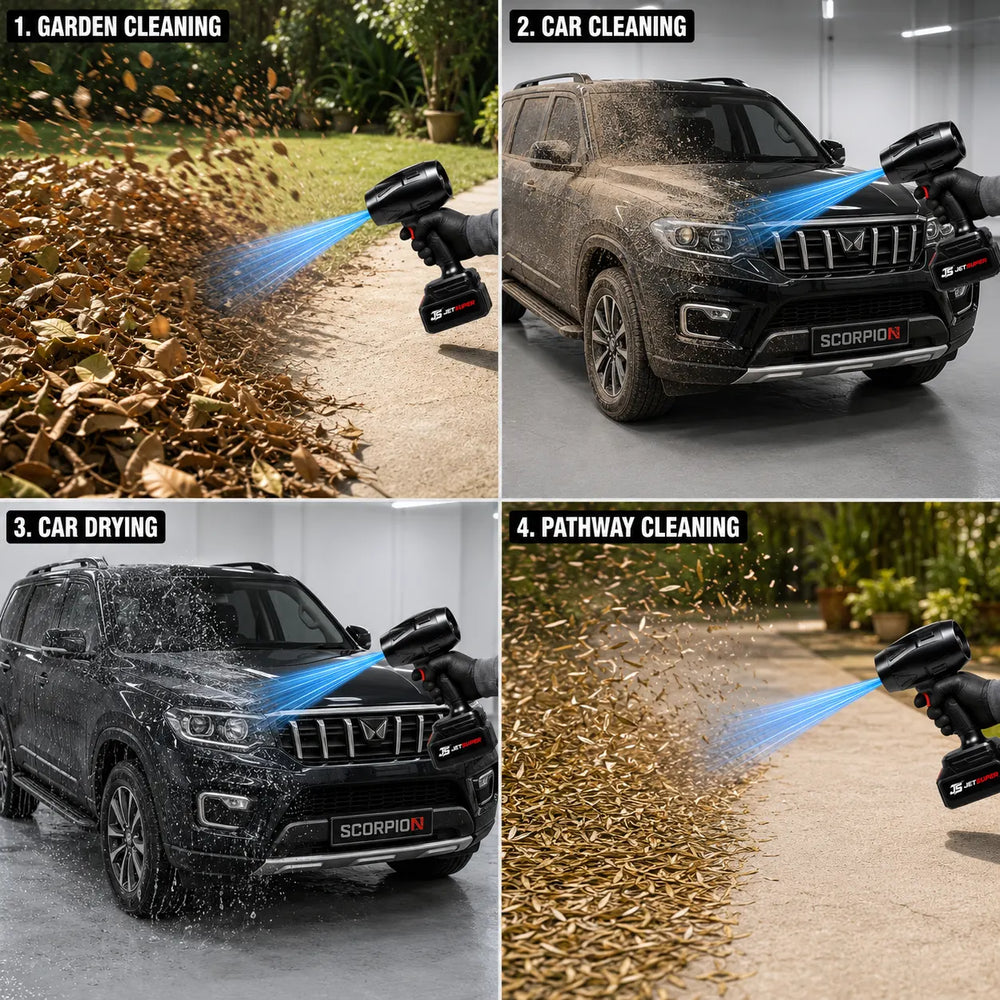 A four-panel collage showing a cordless jet blower in use: garden cleaning with dry leaves, car cleaning on an SUV, car drying on a wet car, and pathway cleaning with dry leaves. The nozzle is black with a blue airflow stream, and the panels include step headers.