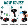 Instructional graphic showing how to use a black jet blower with two rechargeable batteries. Step 1 shows charging the batteries, step 2 shows attaching the batteries to the blower, and step 3 shows a hand holding the blower and pressing the trigger to emit a blue jet of air.