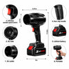 Black cordless air blower with red accents, shown with labeled callouts and dimension lines on a white background, including air inlet, air outlet, variable speed switch, non-slip handle, lithium battery, and portable use with a hand.