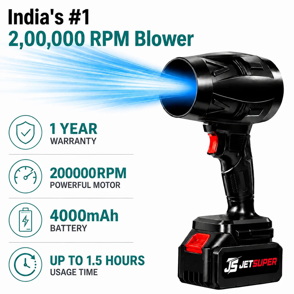 Black cordless blower fan with a red switch and battery pack, shown with blue airflow graphic and marketing text on a white background.