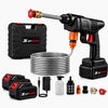 JetSuper cordless pressure washer kit with a black handheld wand, orange trigger accents, brass spray nozzle, coiled metal hose, two black batteries with red accents, a black carrying case, power adapter, cleaning bottle, and multiple nozzle attachments on a light gray background.