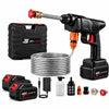 JetSuper cordless pressure washer kit with a black handheld wand, orange trigger accents, brass spray nozzle, coiled metal hose, two black batteries with red accents, a black carrying case, power adapter, cleaning bottle, and multiple nozzle attachments on a light gray background.