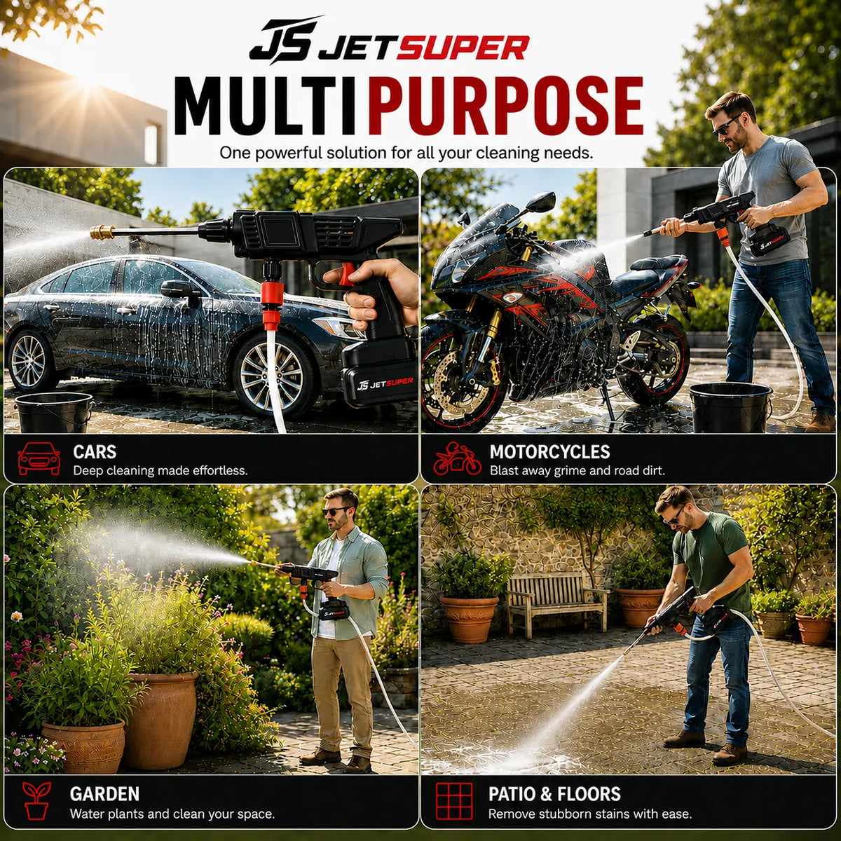 A promotional collage for a JET SUPER MULTI PURPOSE pressure washer, showing four lifestyle panels demonstrating use on a car, motorcycle, garden, and patio. The top features the JET SUPER branding and the words 'MULTI PURPOSE'.