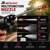 A handheld black and red multifunction pressure washer nozzle with brass spray head, shown being held by a hand against a blurred outdoor background. The image includes feature callouts for three spray modes: no nozzle, 40° nozzle, and foam pot, with the JetSuper brand logo at the top.