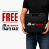 A person in a black t-shirt and blue jeans holds a black JetSuper travel case with red accents. The left side of the image features a promotional graphic with the text 'FREE JETSUPER TRAVEL CASE' in red and black on a white background.