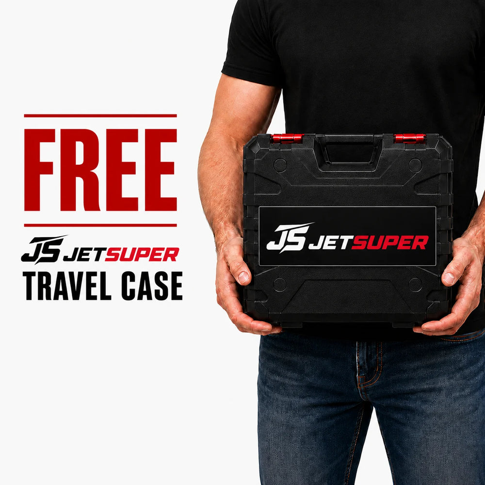A person in a black t-shirt and blue jeans holds a black JetSuper travel case with red accents. The left side of the image features a promotional graphic with the text 'FREE JETSUPER TRAVEL CASE' in red and black on a white background.