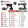 A promotional comparison graphic for a JetSuper cordless pressure washer, showing the product at the top and a feature comparison table below. The JetSuper washer is depicted as black with red and yellow accents, with a coiled hose and two batteries.