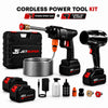 Cordless power tool kit with a black high-pressure washer gun, black turbo jet blower, two 48V lithium-ion batteries, a coiled metal hose, charger, nozzle attachments, and a black carrying case on a white background. Text at the top reads 'CORDLESS POWER TOOL KIT' with 'POWER SPRAY GUN' and 'TURBO JET BLOWER' highlighted.