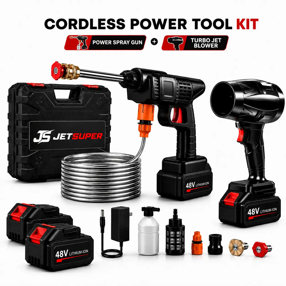 Cordless power tool kit with a black high-pressure washer gun, black turbo jet blower, two 48V lithium-ion batteries, a coiled metal hose, charger, nozzle attachments, and a black carrying case on a white background. Text at the top reads 'CORDLESS POWER TOOL KIT' with 'POWER SPRAY GUN' and 'TURBO JET BLOWER' highlighted.