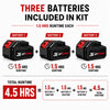 Three black and red JETSUPER cordless batteries shown with text stating 'THREE BATTERIES INCLUDED IN KIT' and '1.5 HRS RUNTIME EACH,' plus a total runtime calculation of 4.5 HRS